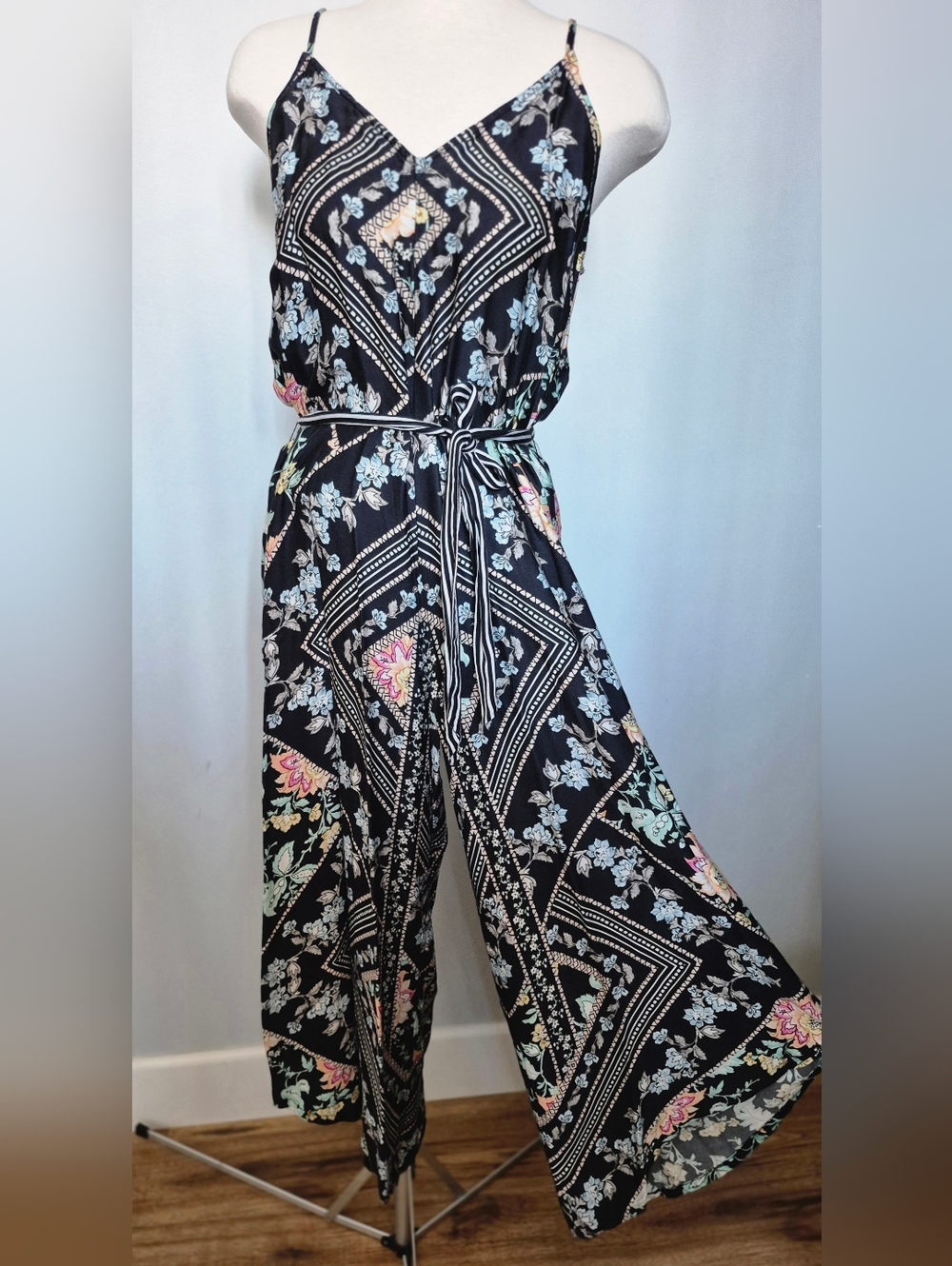 Nanette Lepore Black Floral Print Wide-Leg Jumpsuit with Pastel Accents
